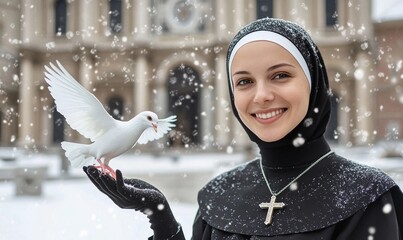 Smiling catholic nun with a white dove in hands on winter background. Christian holiday, sisters of mercy and Merry Christmas concept. Lifestyle portrait for poster, greeting card