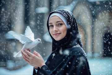 Beautiful catholic nun with a white dove in hands on winter background. Christian holiday, monkery and Merry Christmas concept. Lifestyle portrait for poster, greeting card