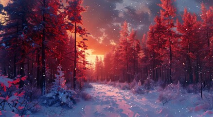 Naklejka premium Enchanting Winter Forest with Red Trees and Snowfall at Twilight - Magical Snowy Landscape with Vibrant Colors and Starry Sky for Fantasy, Nature, and Holiday-Themed Designs