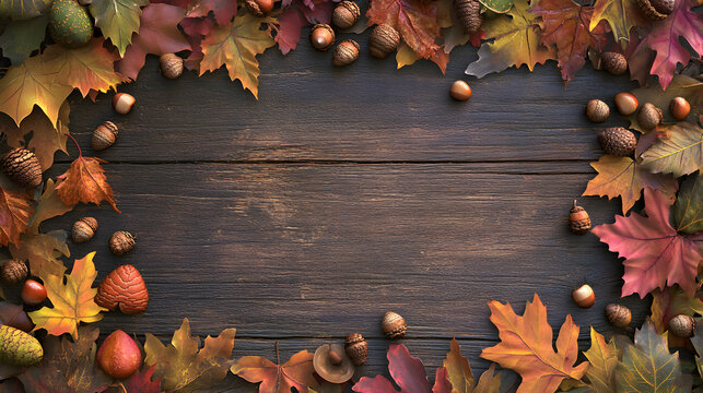 Rustic Autumn Banner Card Filled with Colorful Foliage and Acorns with Empty Center for Personalized Text
