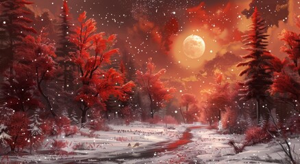 Enchanting Winter Forest with Red Trees and Snowfall at Twilight - Magical Snowy Landscape with Vibrant Colors and Starry Sky for Fantasy, Nature, and Holiday-Themed Designs