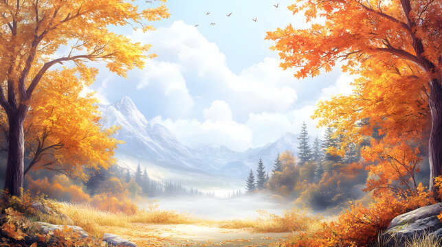 Picturesque Autumn Banner Card Illustration with Vibrant Foliage and Empty Central Text Box