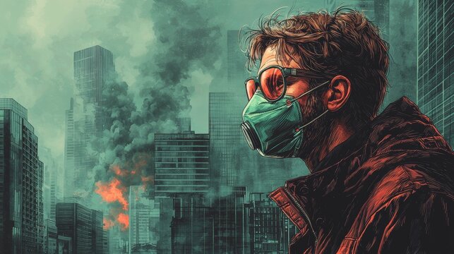 A person wearing a protective mask stands amidst a smoky, catastrophic urban environment, reflecting themes of survival, anxiety, and the impact of calamity on city life.