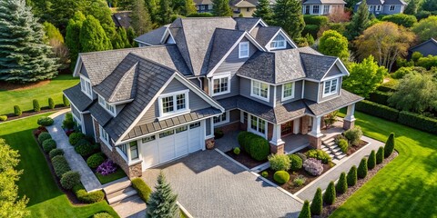 Bird's eye view of a modern, luxurious, single-family residence with grey shingles and white trim, surrounded by lush greenery and a private driveway.