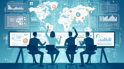 A team of professionals analyzes global data on digital screens, focusing on a world map, displaying teamwork and data-driven decision making.