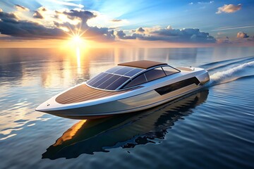 Sleek futuristic yacht, solar-powered boat,