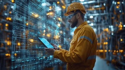 An engineer in safety gear stands in a futuristic warehouse, using a tablet amid a digital representation of data, illustrating advanced technology in industry.