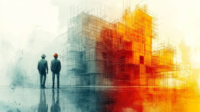Two engineers survey an abstract building in construction, symbolizing the collaboration and innovation required in modern architecture and infrastructural development projects.