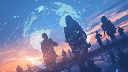 Silhouettes of people standing against a digital backdrop of a globe, representing global connectivity and technological integration with a futuristic ambiance.