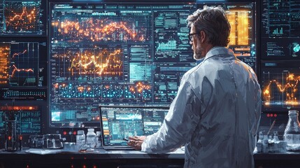 Fototapeta premium A scientist stands before glowing monitors, analyzing complex data streams and graphs in a futuristic lab. Innovation, technology, and analysis converge here.