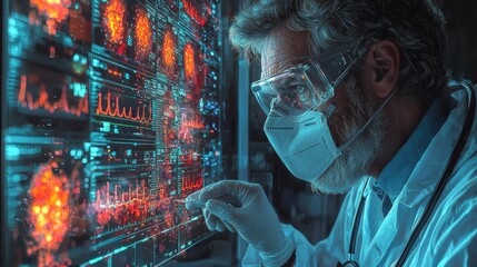 A scientist, wearing protective gear, analyzes complex digital data on a glowing interface, illustrating the integration of technology and scientific exploration in data science.