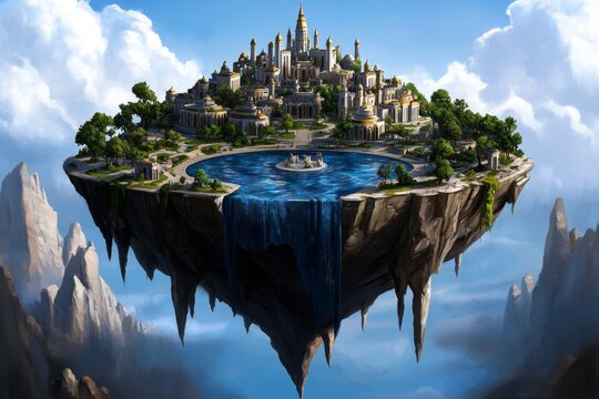 A floating city filled with people flourishing in creativity and wisdom, capturing the mystical and utopian essence of eudaimonia in a fantasy realm