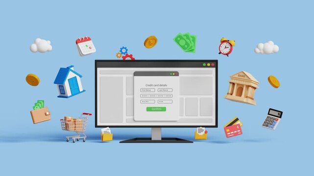 Secure online payments, digital banking or fintech concept. Health, insurance, home, instalment, subscription or monthly expenses. 3D credit card payment screen on computer. 4K 3D animation