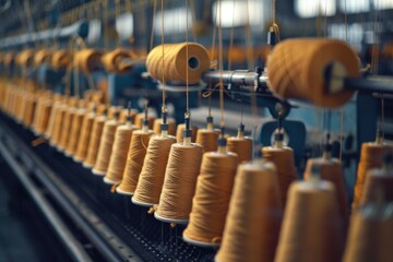 Spinning machine in textile factory with yarn spools.