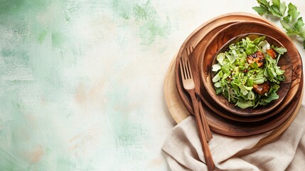 Green salad with grilled vegetables served on rustic wooden plates with a wooden fork and a linen napkin, on a green and white background.