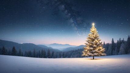 A snowy landscape at twilight featuring a brightly lit Christmas tree amidst mountains and evergreens