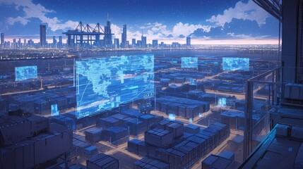 A vast futuristic cityscape under a starry sky with large, glowing screens displaying digital maps, symbolizing global connectivity and technology.