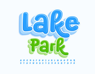 Fototapeta premium Vector funny flyer Lake Park. Glossy Blue 3D Font. Creative Alphabet Letters and Numbers set.