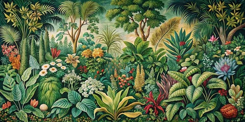 Fotobehang Botanical Tapestry: Floral, Lush Greenery, Vibrant Colors, Organic Forms, Nature © PomPam