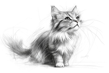 Fluffy kitten posing and looking up in sketch style