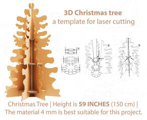 3D Christmas tree template designed for laser cutting. Height is 59-inch or 150 cm