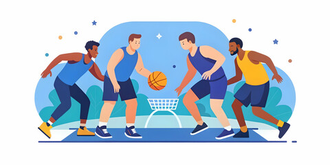 Candid Action Shot of Friends Playing Competitive Basketball Outdoors: Energy, Fitness, and Camaraderie for Sports Gear and Wellness Ads