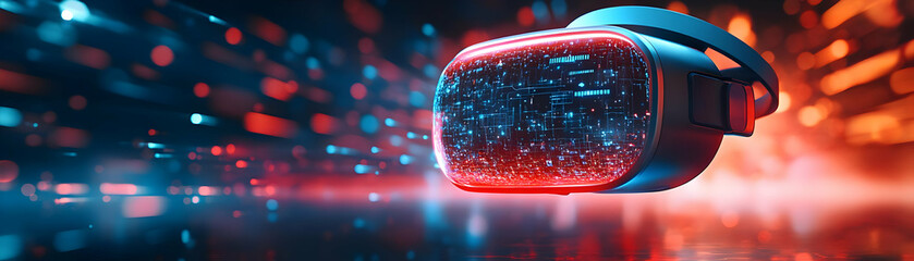Futuristic Holographic VR Headset with Glowing Interactive Interface in Modern Entertainment Space - Captivating Photo Stock Concept for Immersive Technology and Virtual Reality Experiences