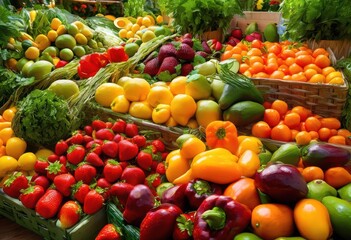 vibrant close display fresh colorful fruits vegetables showcasing bounty rich colors, apples, oranges, bananas, grapes, strawberries, peppers, tomatoes