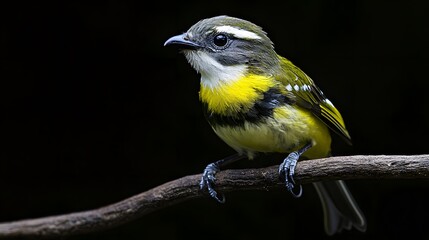 Fototapeta premium Green-backed Becard Bird Perched on a Branch on a Black Background, Photo Realistic, Standard Background, Wallpaper, Cover and Screen for Smartphone, PC, Laptop, 9:16 and 16:9 Format