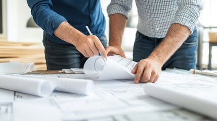 Two architects are working on a blueprint, discussing the details and pointing at a specific part of the plan.