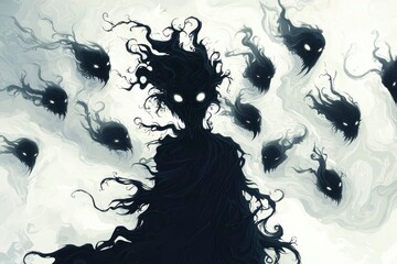 Fototapeta premium Shadowy Figure with Glowing Eyes and Surrounded by Similar Shapes