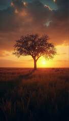 Naklejka premium Lone Tree at Sunset: Serene Landscape Wallpaper