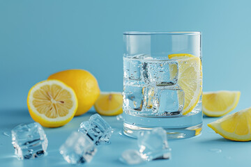 A glass of water with ice cubes and a lemon slice in it