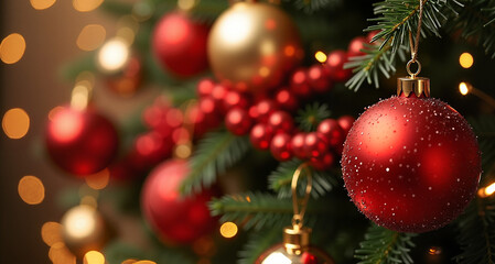 Christmas tree decorated with red and gold ornaments, festive atmosphere, holiday celebration, copy space