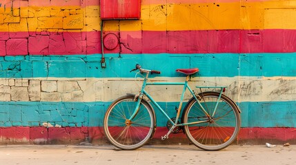 Vibrant Urban Wanderlust Bicycle Against Mural Wall in City Alley