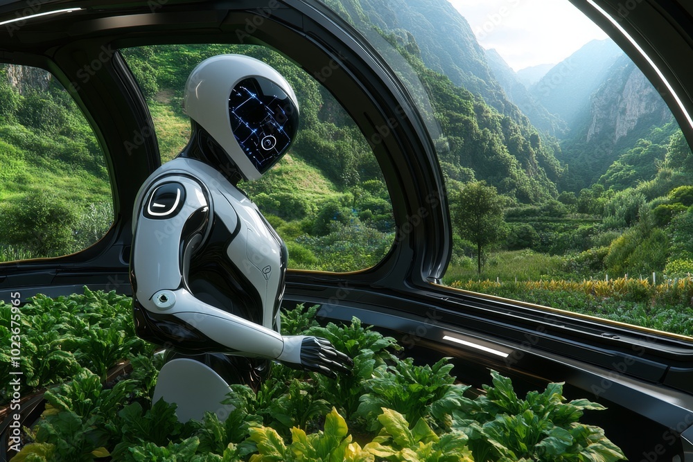 Poster a futuristic agricultural system where food is grown in climate-controlled greenhouses, using ai to 