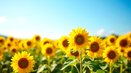 Obraz premium Sunflowers Field under Blue Sky.