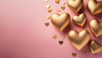 Fototapeta premium A Valentine's Day backdrop featuring golden hearts on a soft pink background, with ample space for your design or message. 