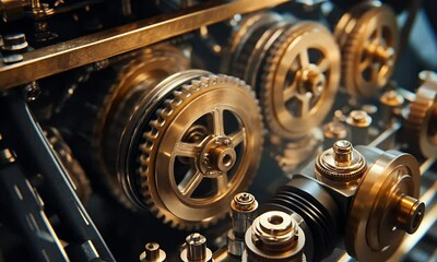 Close-up of intricate golden gears in a mechanical assembly, showcasing engineering precision.
