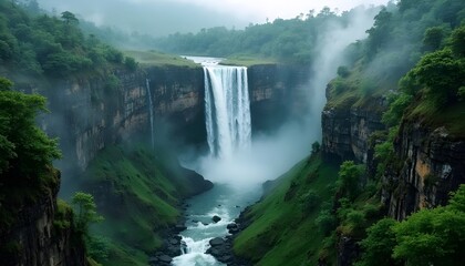 Fototapeta premium Majestic Waterfall Plunging Into Lush Green Canyon.