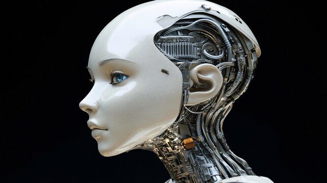 Futuristic Vision: Artificial intelligence a futuristic androids glossy metallic head showcases intricate details vividly portraying the advanced possibilities of cybernetic machinery and robotics