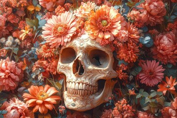 surrealist digital artwork of ornate golden skull adorned with vibrant flowers intricate details blend life and death themes in a hauntingly beautiful composition