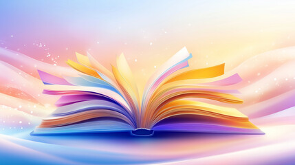 Open book with vibrant pages on dreamy pastel background