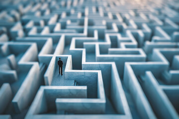 Obraz premium A man is walking through a maze with a large wall in the background