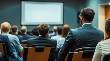 Obraz premium Conference attendees engaged in a presentation in a modern meeting room setting during a business event in the afternoon
