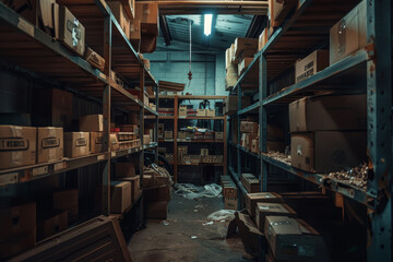Fototapeta premium A warehouse with many boxes on the shelves