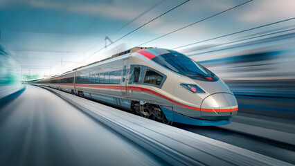 Fototapeta premium high-speed train racing through a green countryside with motion blur. The train is sleek and silver, with its body glinting in the sunlight. 