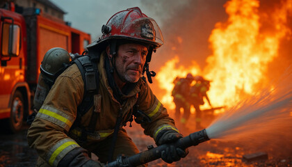 Naklejka premium Professional firefighter standing in front of fire blaze. Fireman rescuer hero at work
