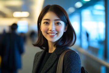 Fototapeta premium 空港で微笑んでいる女性のポートレート、明るい照明の下で旅行の準備をしている瞬間
