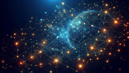 A glowing tech network with interconnected nodes on a sleek blue background, creating a dynamic and futuristic design, ideal for modern banners and social media visuals.